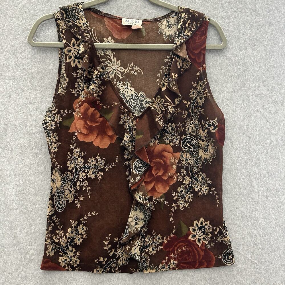 VTG Dark Floral Ruffle Sleeveless Top Sz S* Brown Fairy Grunge Sheer Romantic